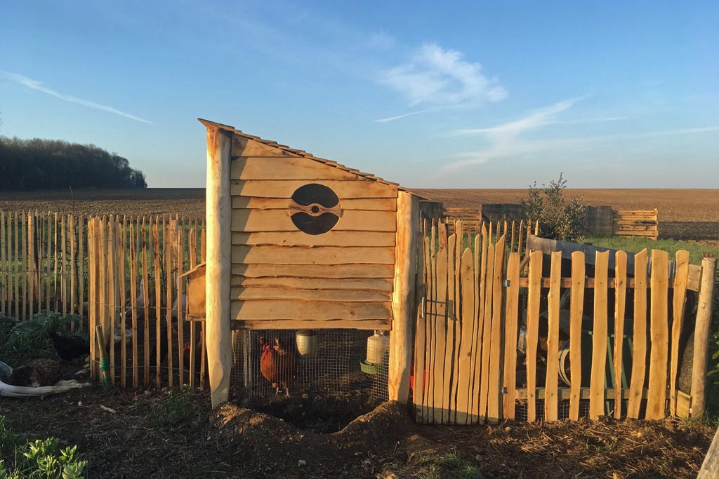 Aménagement d'un poulailler Photo d'un poulailler réalisé avec des piquets et des voliges en bois de châtaignier, entouré par une clôture en ganivelles